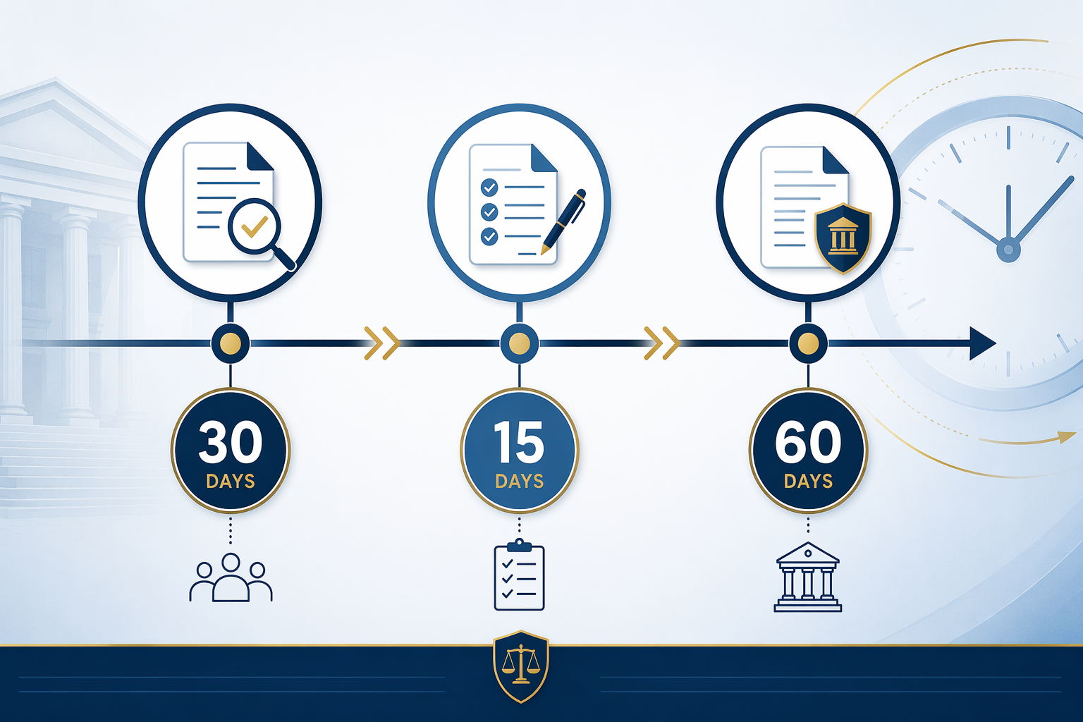 Timeline showing 30-day review, 15-day corrective plan deadline, and 60-day clause mandate