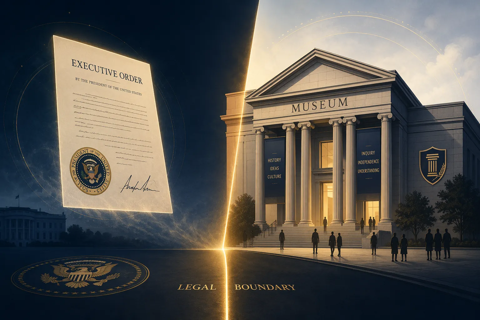Museum facade divided by a legal boundary between an executive order and an independent institution