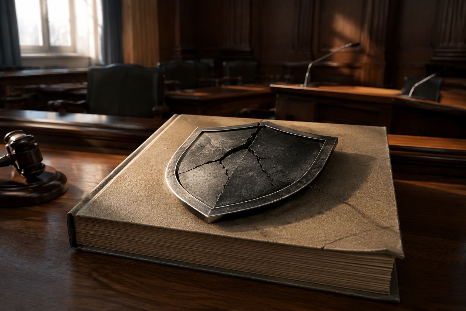 Cracked shield emblem resting on a legal document on a dark wooden desk