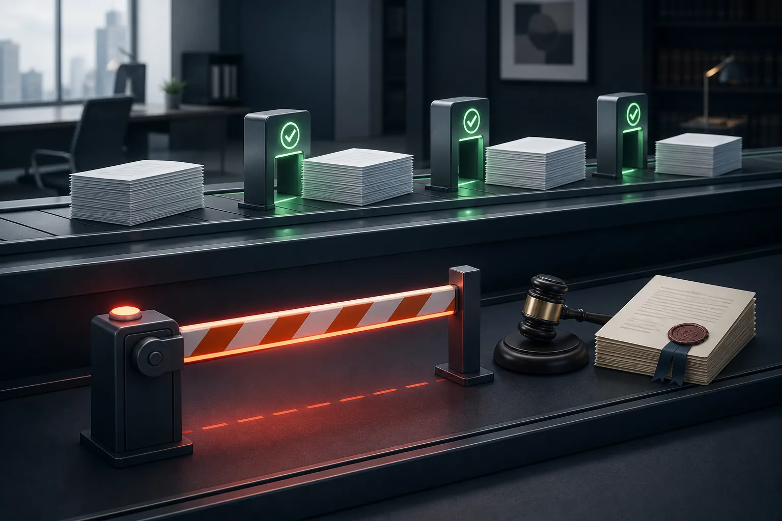 Split lanes showing verified document work moving forward while legal conclusions are blocked