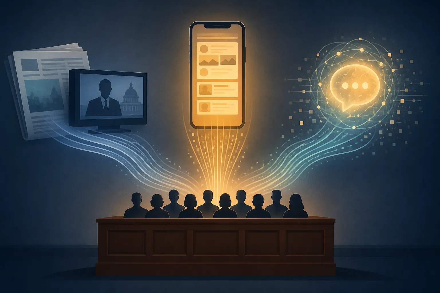 Channel map showing traditional media, a smartphone feed, and a data orb converging on a jury box
