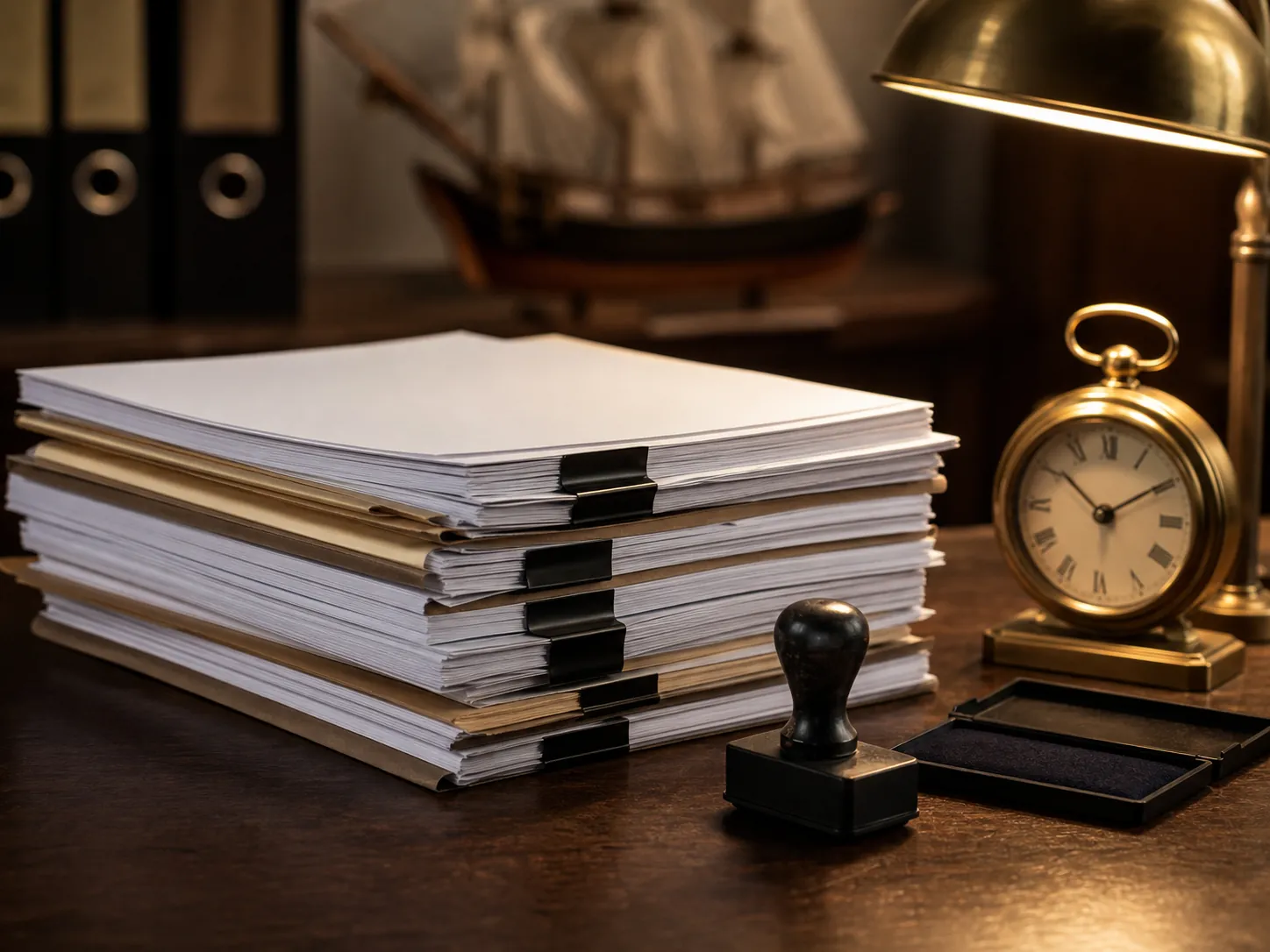 Stack of contracts and compliance documents on a desk with a stamp, clock, and ship model