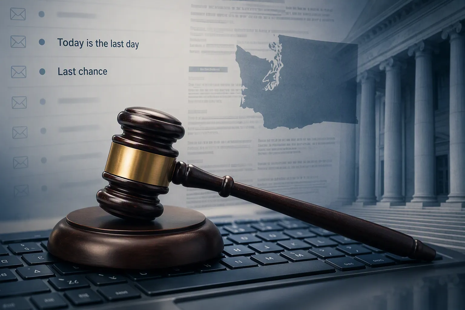 Gavel on a keyboard with promotional email subject lines fading into legal document text