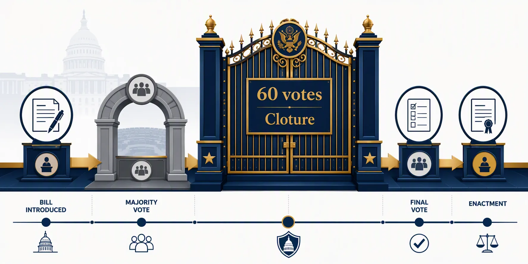 Editorial diagram of a bill pathway blocked by a gate labeled 60 votes and cloture