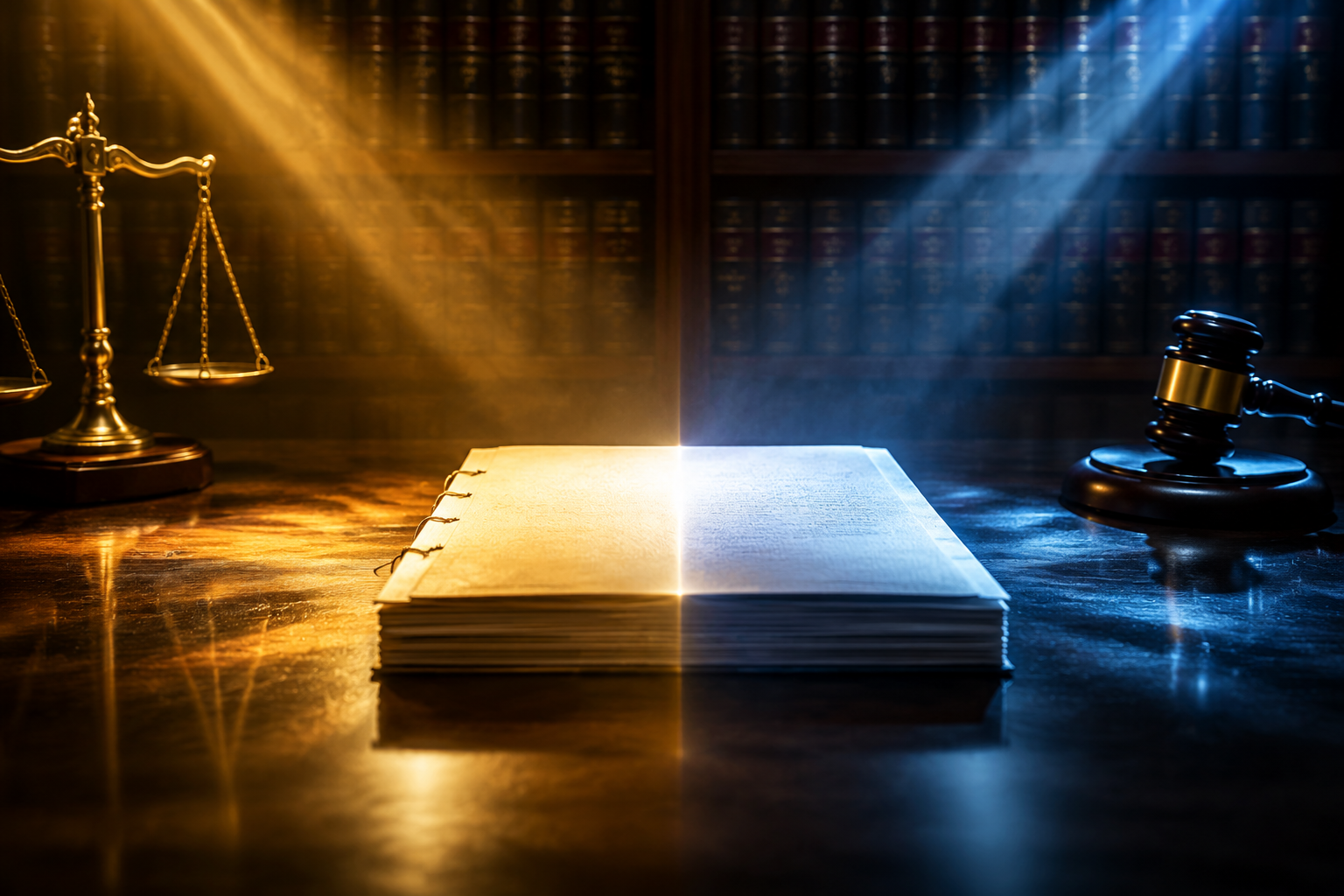 A grand jury transcript document on a wooden table under contrasting warm and cold light