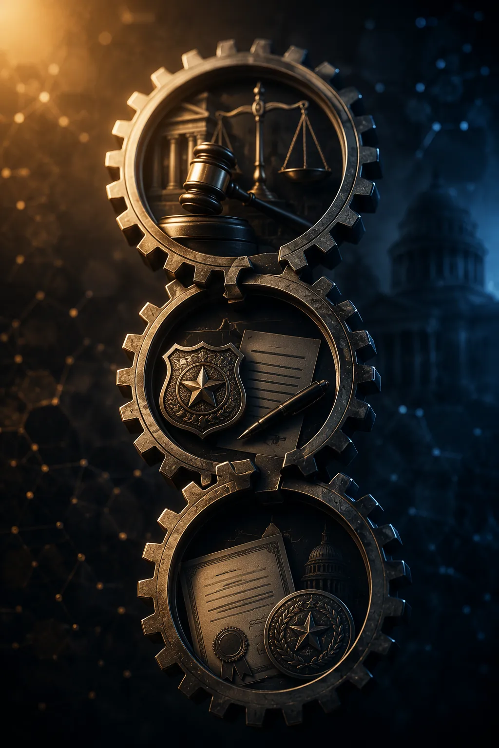 Three interlocking mechanism rings representing constitutional, employment, and certification consequences