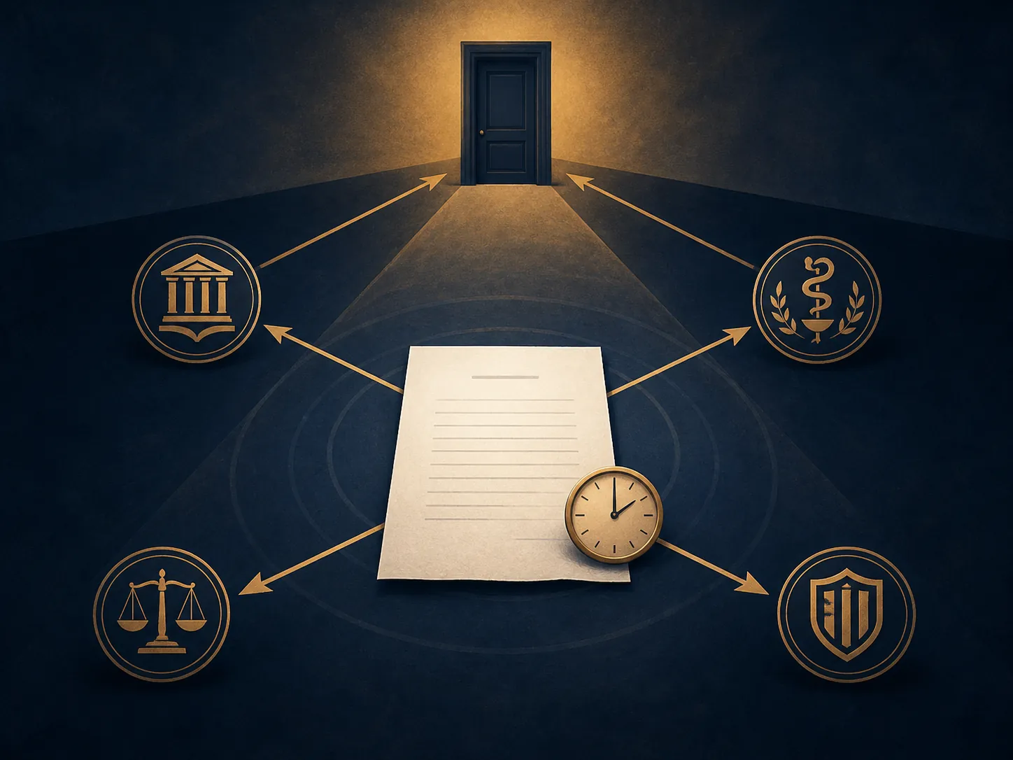 A court order document sending arrows toward institutional seals and a closed door
