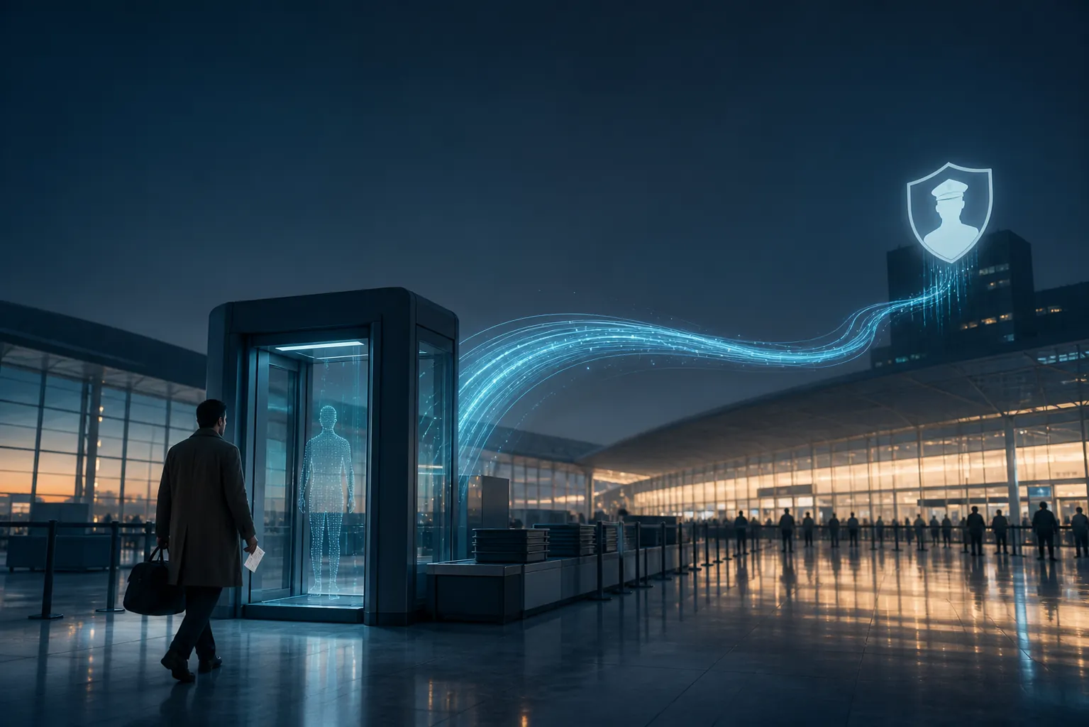 Airport security checkpoint with passenger data flowing toward an immigration enforcement node