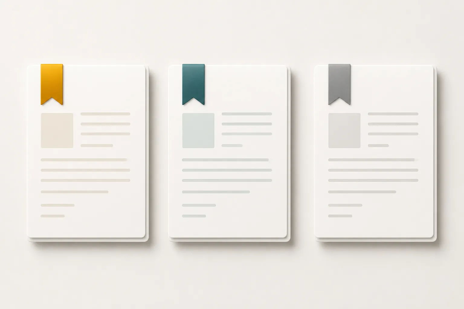 Three separate document cards with different abstract flag ribbons representing distinct case statuses