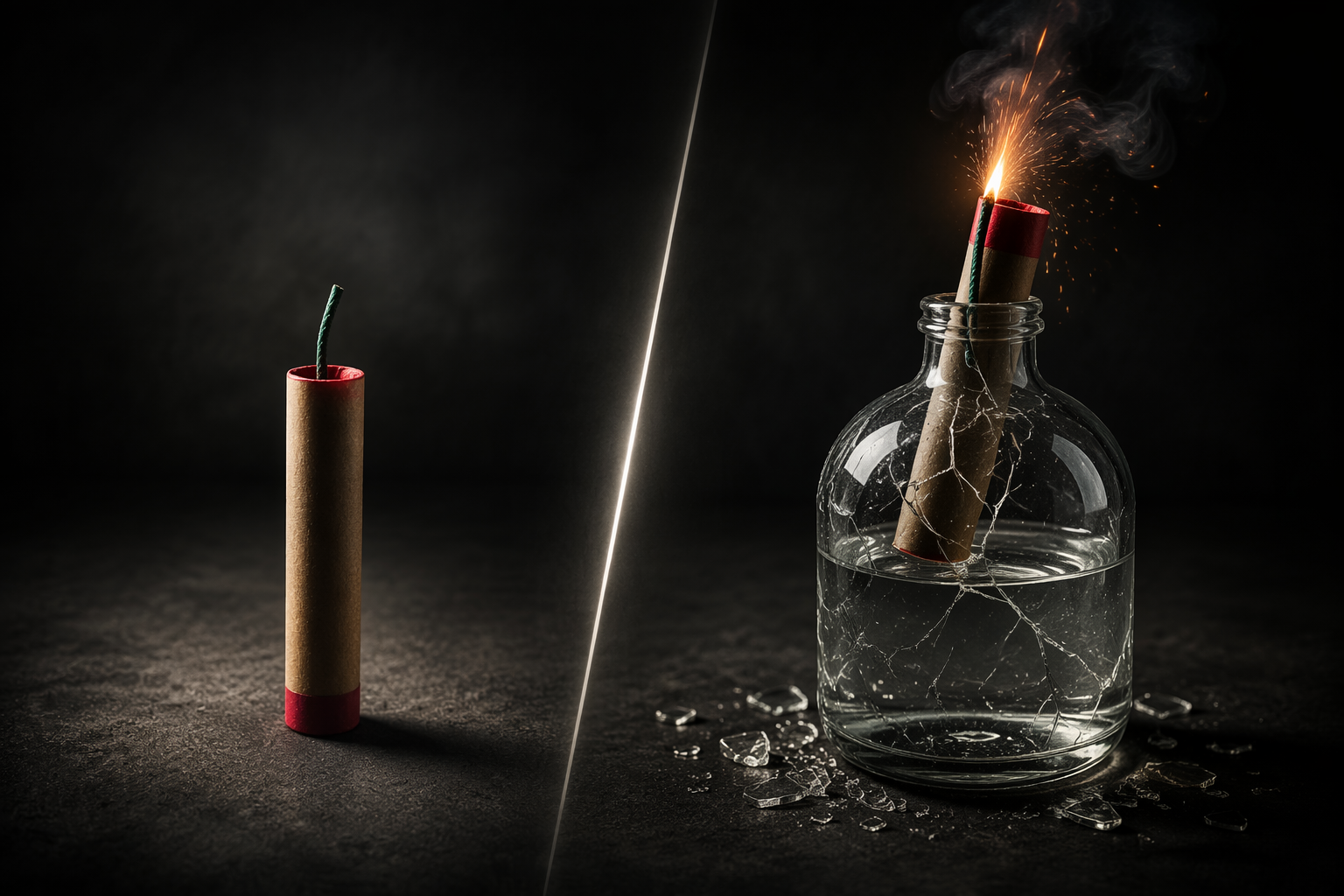 A consumer firework shown alone beside a container of flammable liquid with a firework positioned as an ignition source