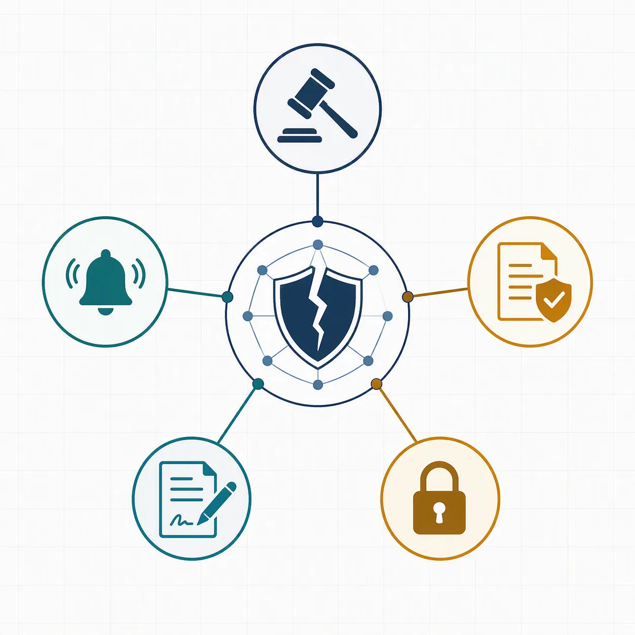 Five-track liability map with icons for litigation, notice, insurance, contracts, and confidentiality