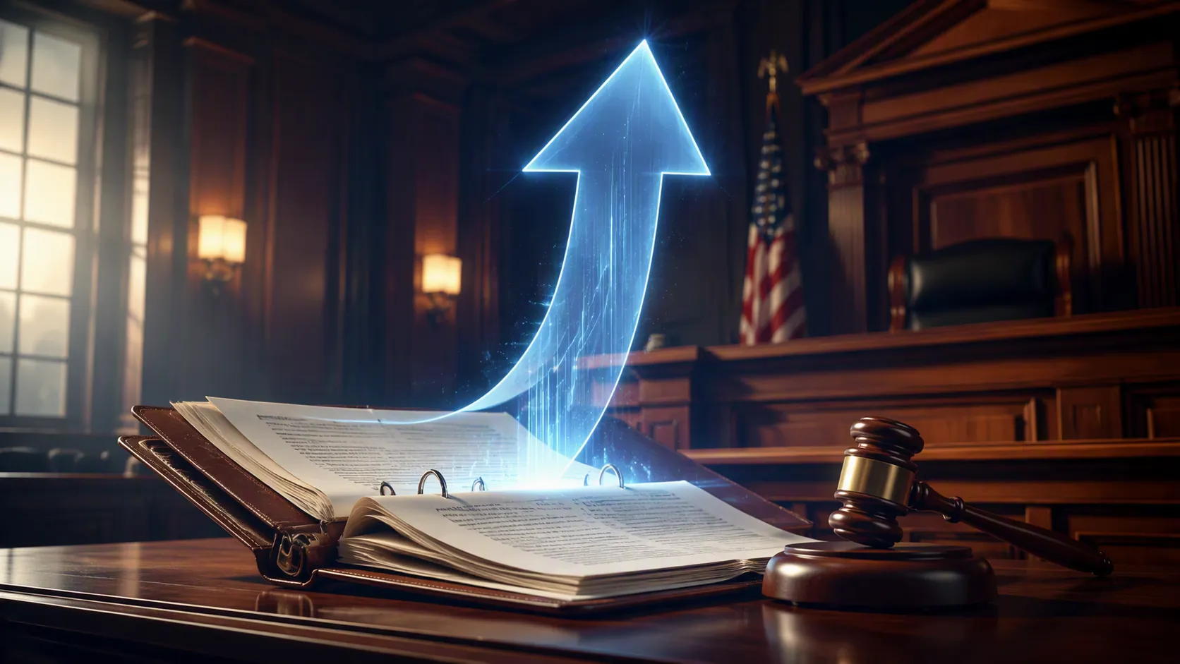 Courtroom case file and gavel with an upward arrow suggesting an appeal in motion