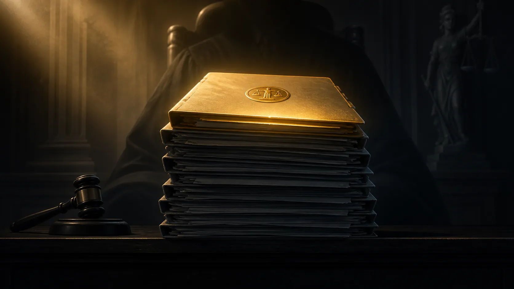 A stack of case files with one glowing favorable file above darker denial files