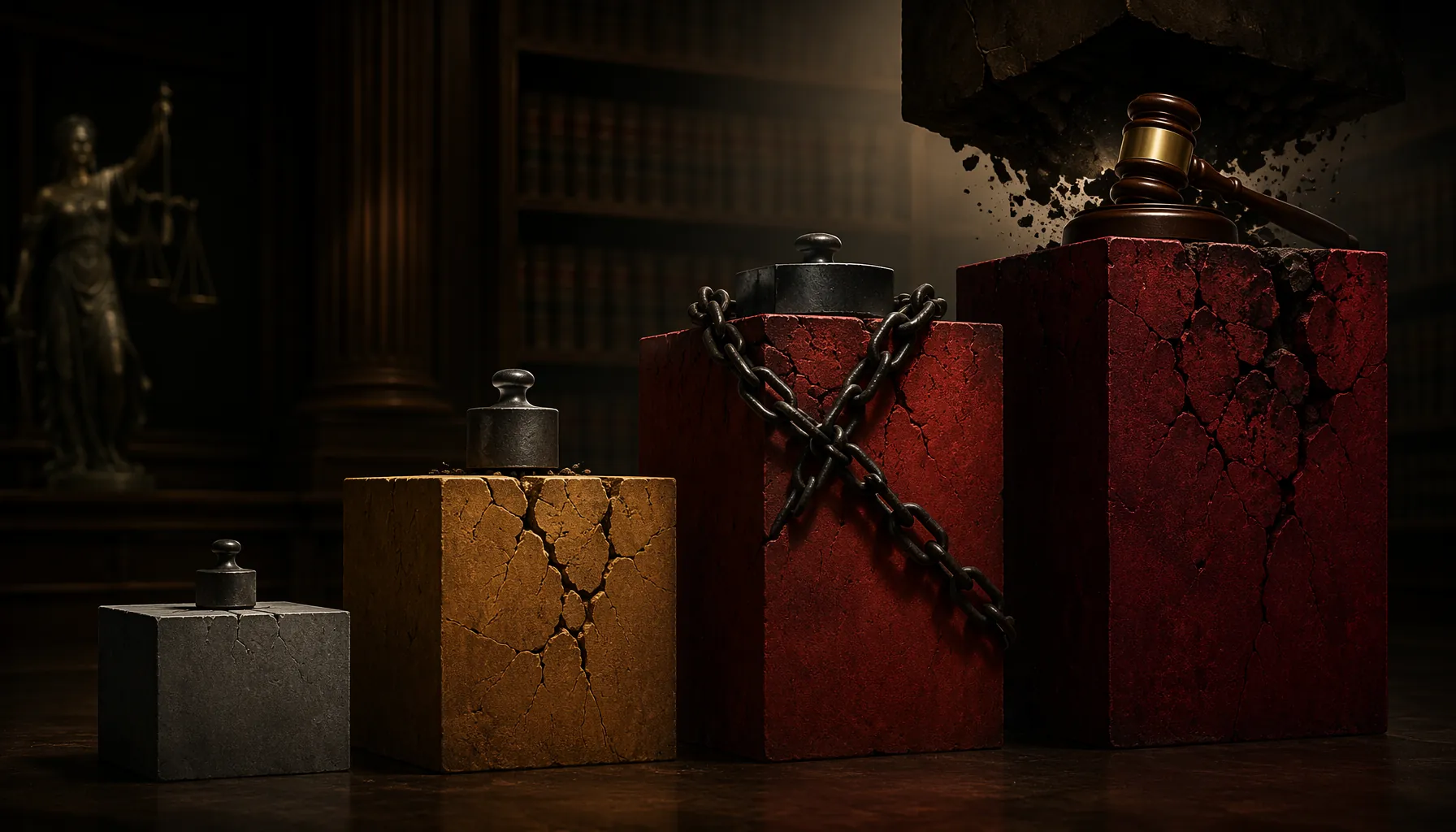 Ascending sanction platforms with a gavel on the highest block in a law library