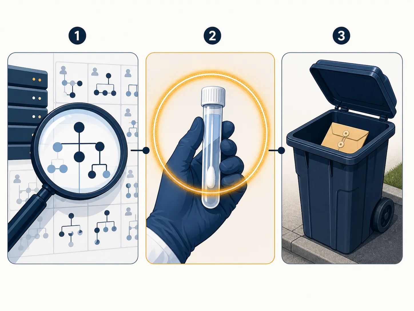 Three-step investigative process showing database search, buccal swab, and trash pull
