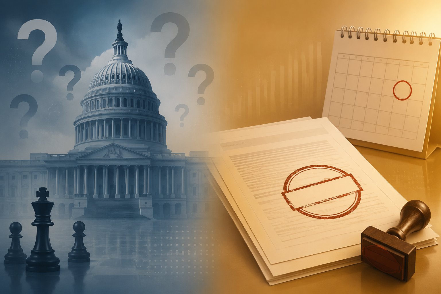 Split-screen illustration of Congress uncertainty and CMS enforcement beginning April 1, 2026