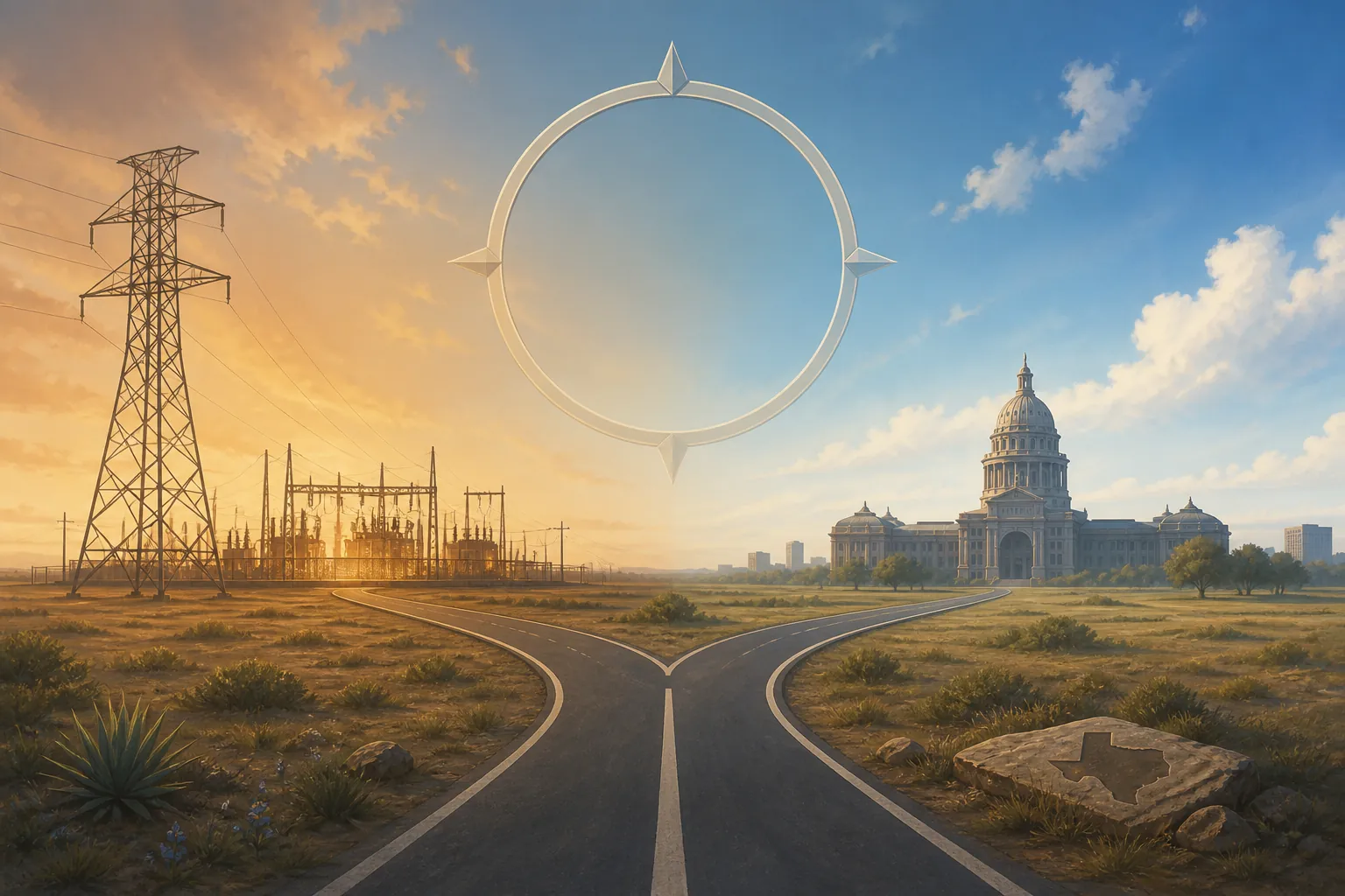 Forked Texas road leading toward a transmission substation and a state capitol silhouette