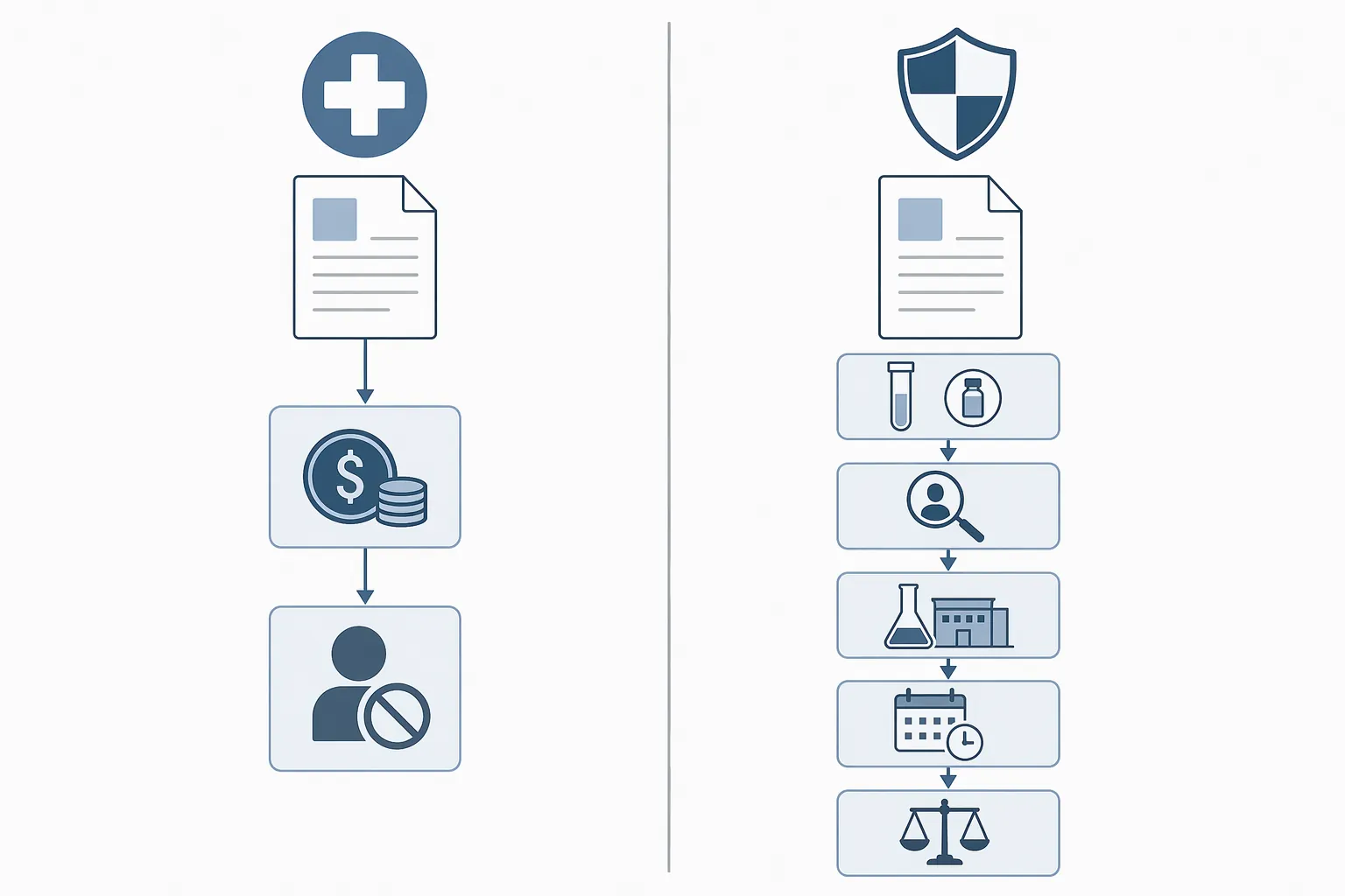 Side-by-side comparison of medical-rule and anti-doping legal frameworks with different procedural steps and sanctions