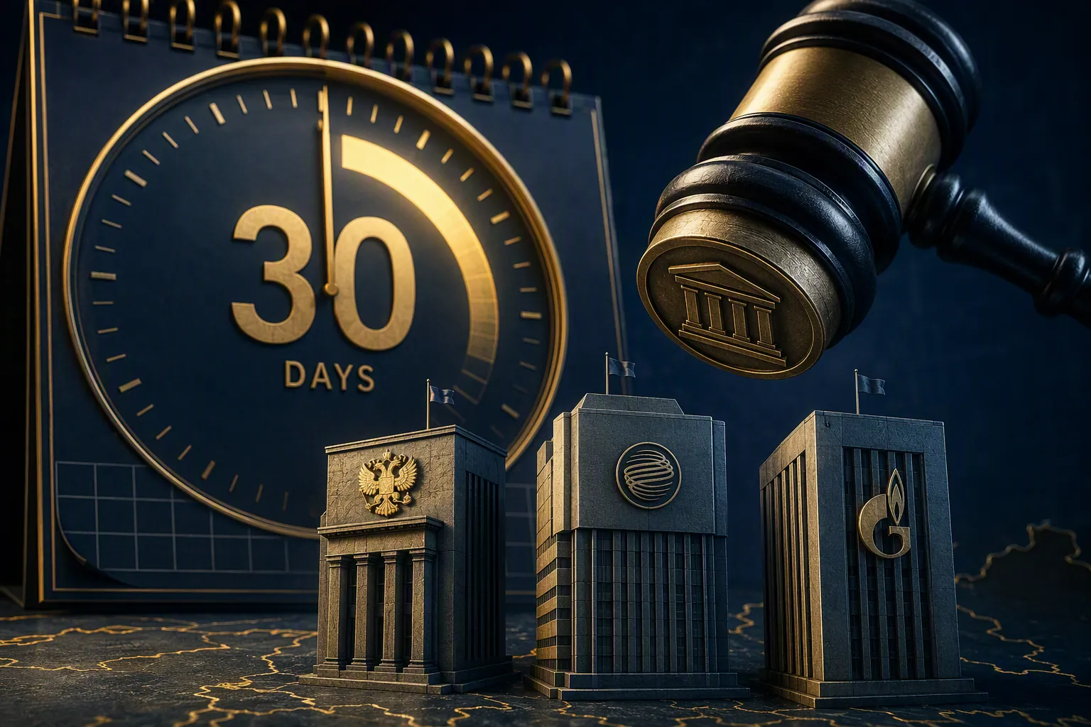 Compliance calendar counting down 30 days over Russian financial institution labels under an enforcement gavel