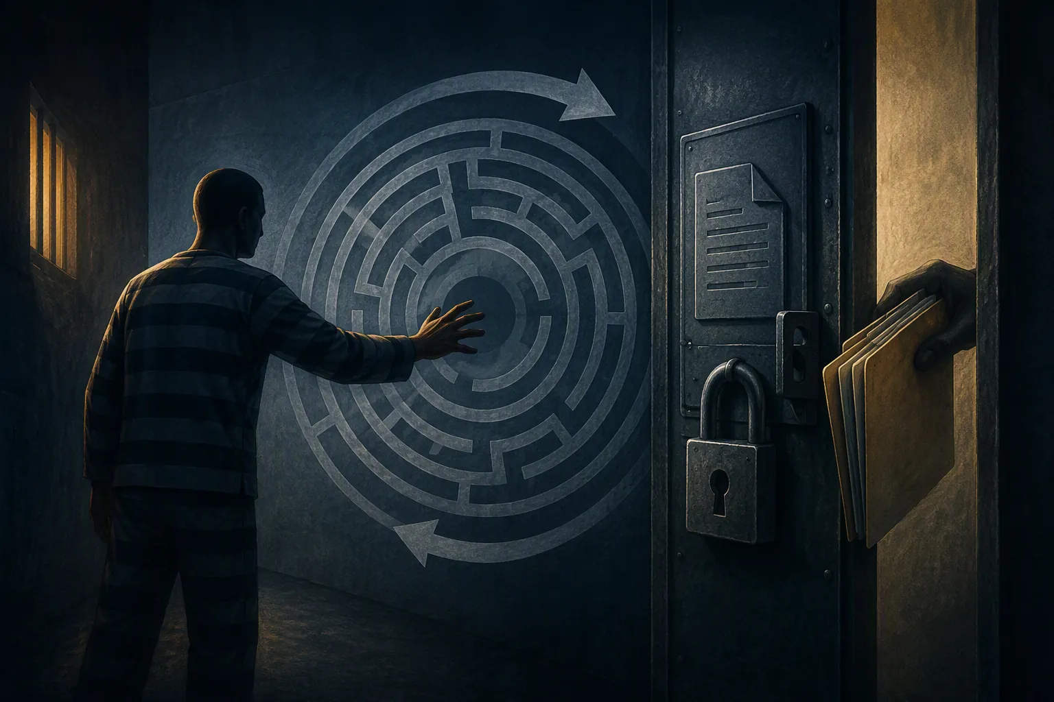 Prisoner reaching toward a sealed records door while a shadowy hand holds a folder