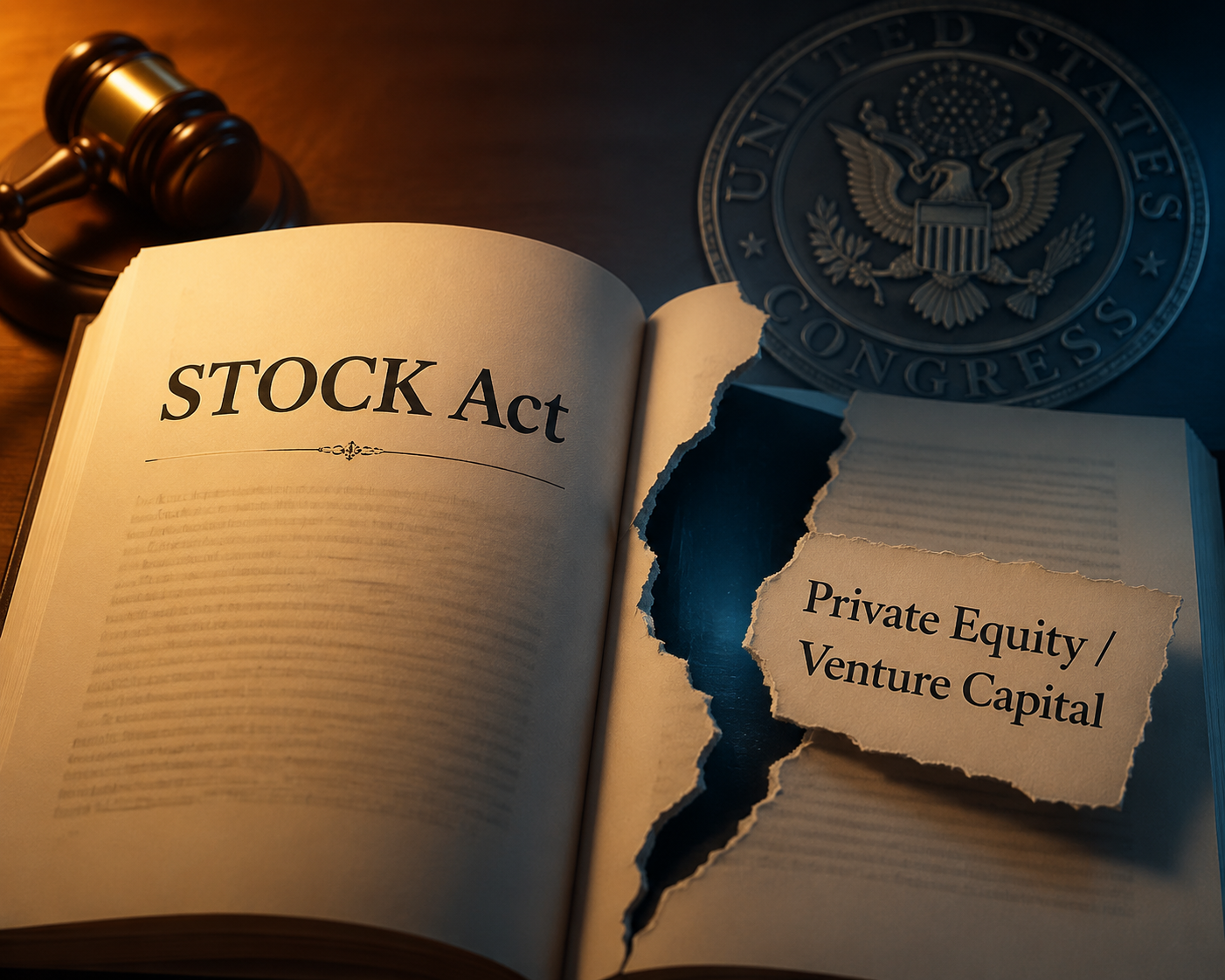 Open STOCK Act law book with private equity and venture capital falling through a gap