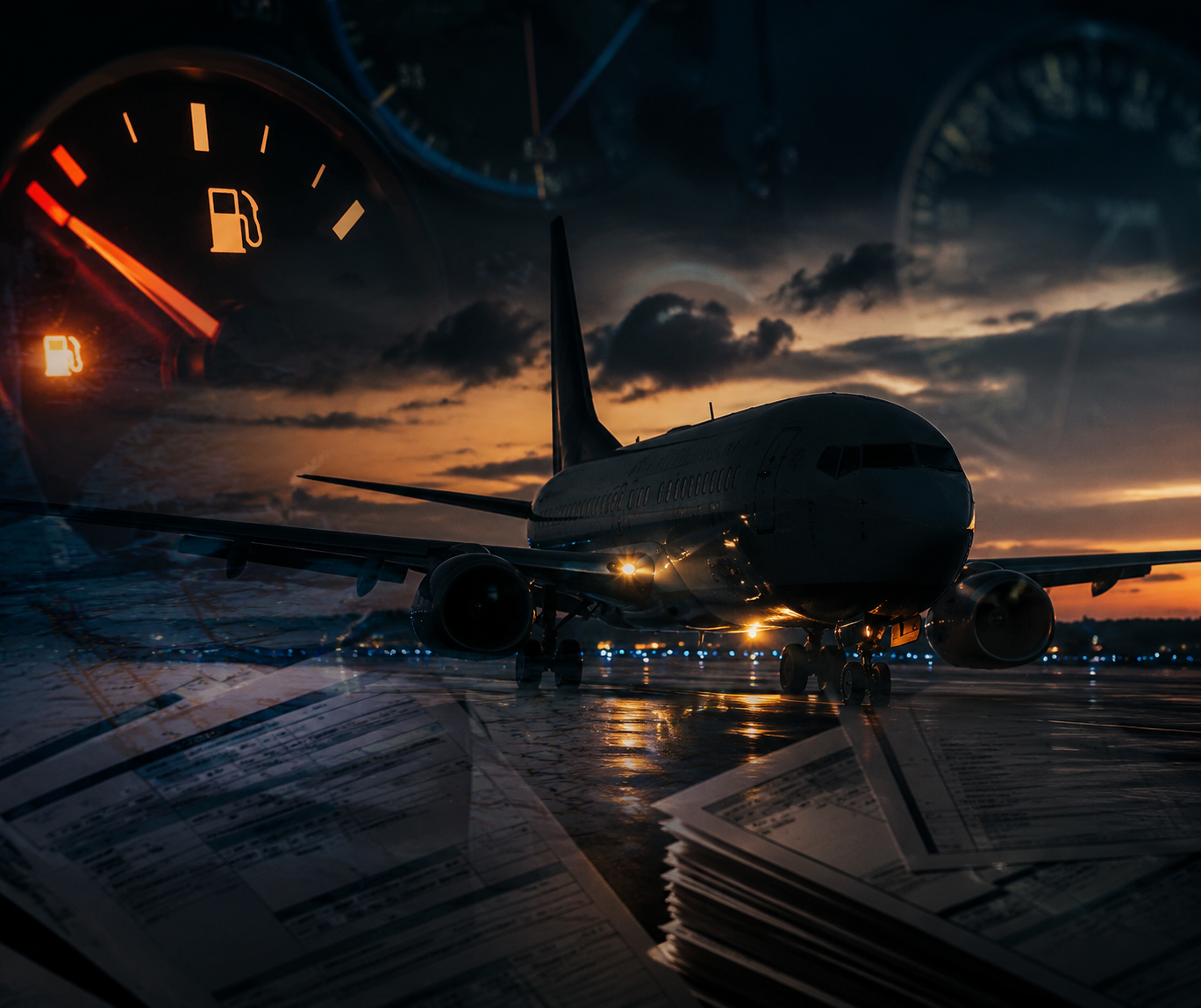 Boeing 737-800 silhouette with fuel gauge and regulatory document overlays at dusk