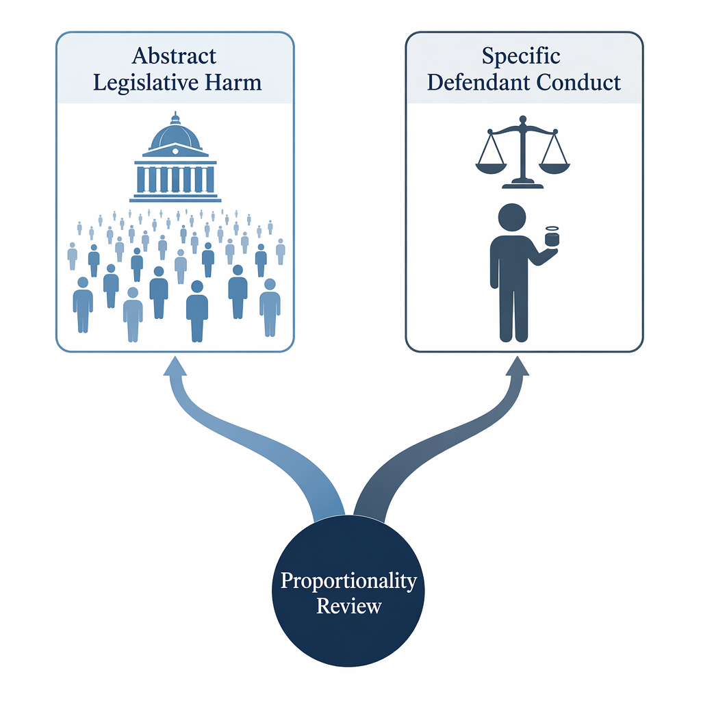 Editorial diagram showing proportionality review splitting between abstract legislative harm and specific defendant conduct