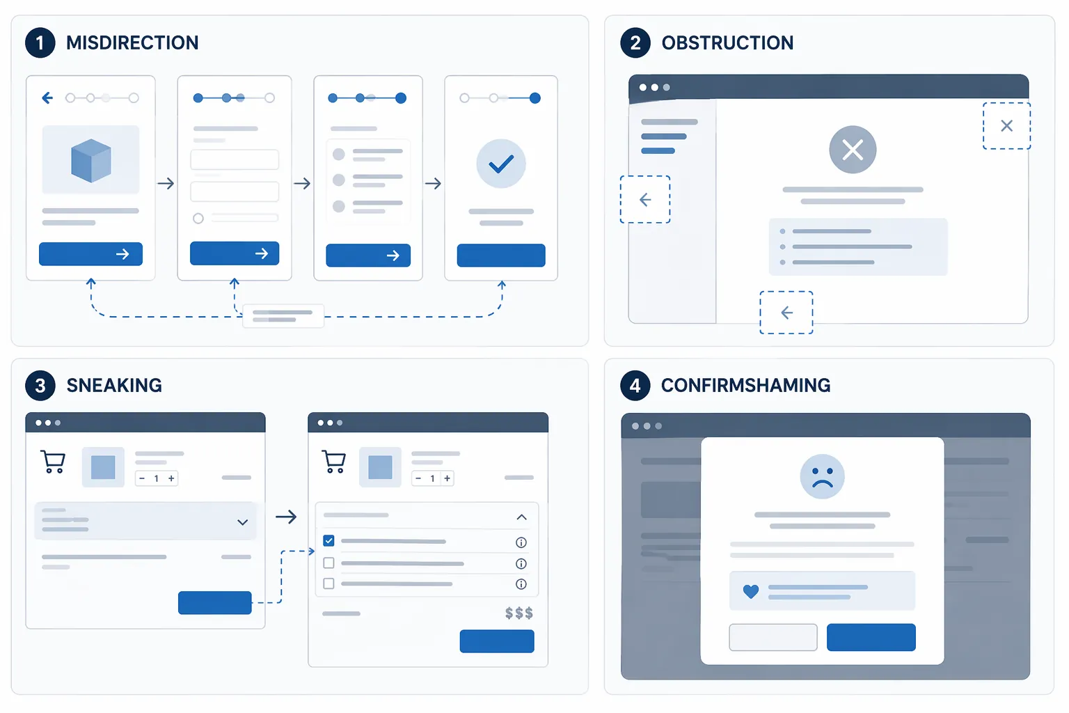Wireframe panels showing misdirection, obstruction, sneaking, and confirmshaming in subscription interfaces