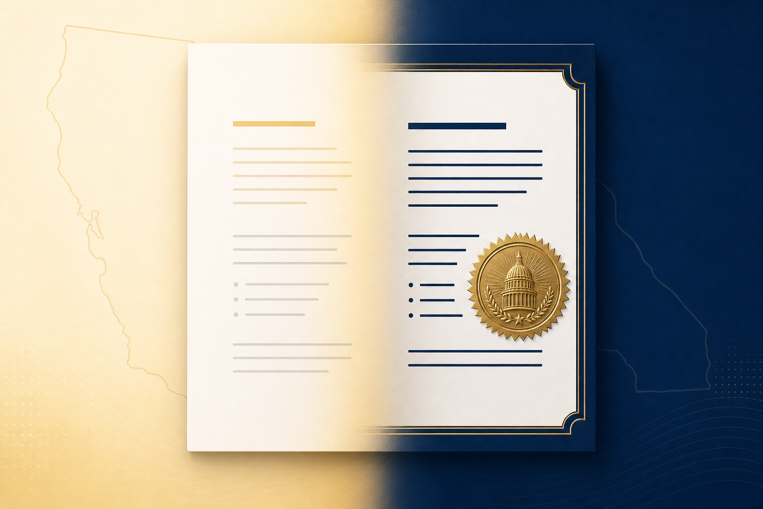 Split editorial illustration showing a soft advisory document on the left transforming into an officially sealed authoritative document on the right, in California gold and deep navy.