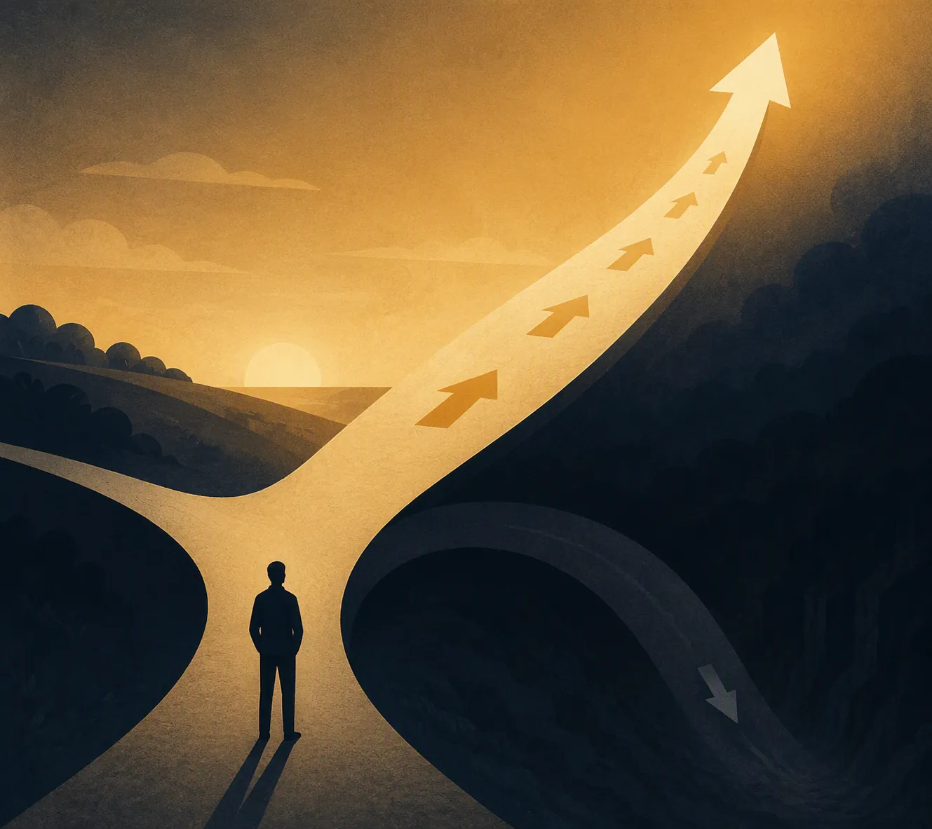 A road splitting into one rising path and one darker descending path