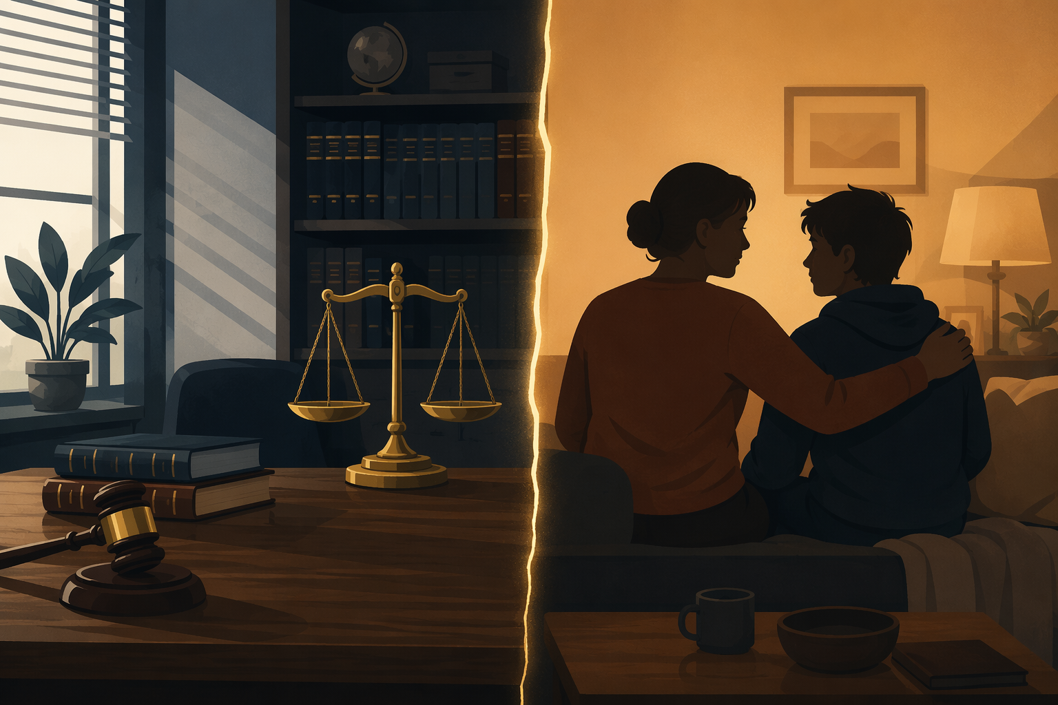 A split illustration showing a law office on one side and a parent-child domestic scene on the other.