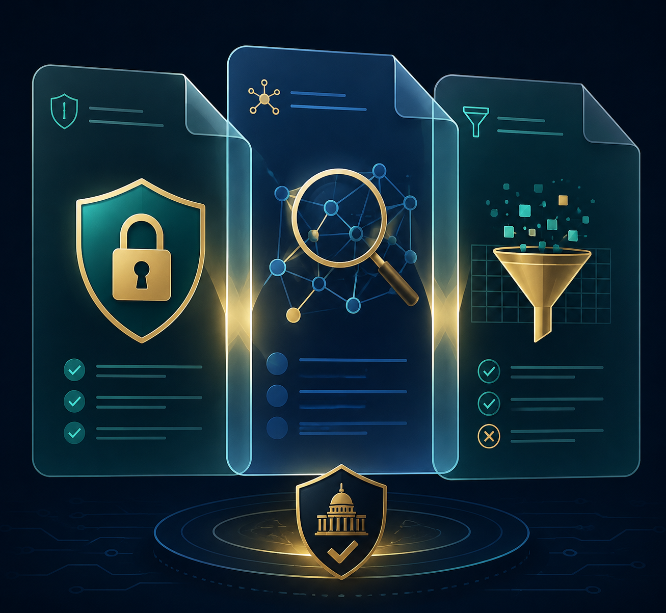 Overlapping framework panels showing security, network review, and filtering controls