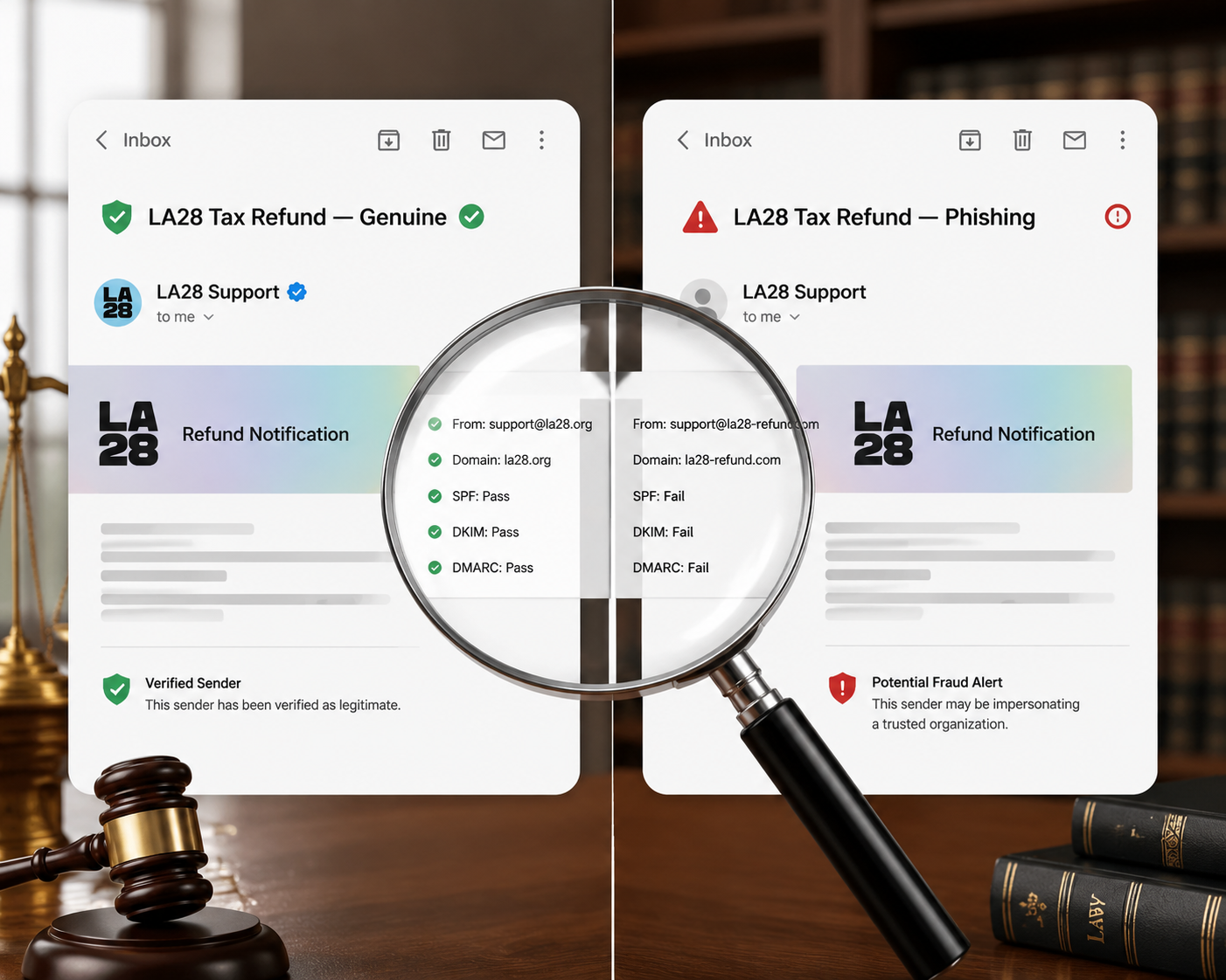 Two nearly identical email notifications, one marked genuine and one marked phishing, with a magnifying glass between them