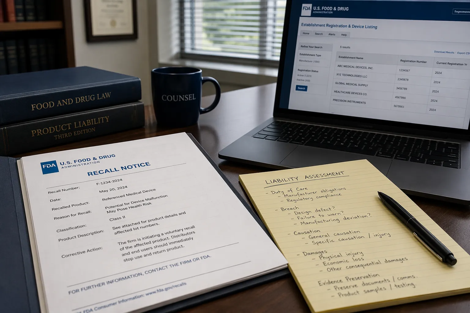FDA recall notice and liability assessment notes on a legal workspace