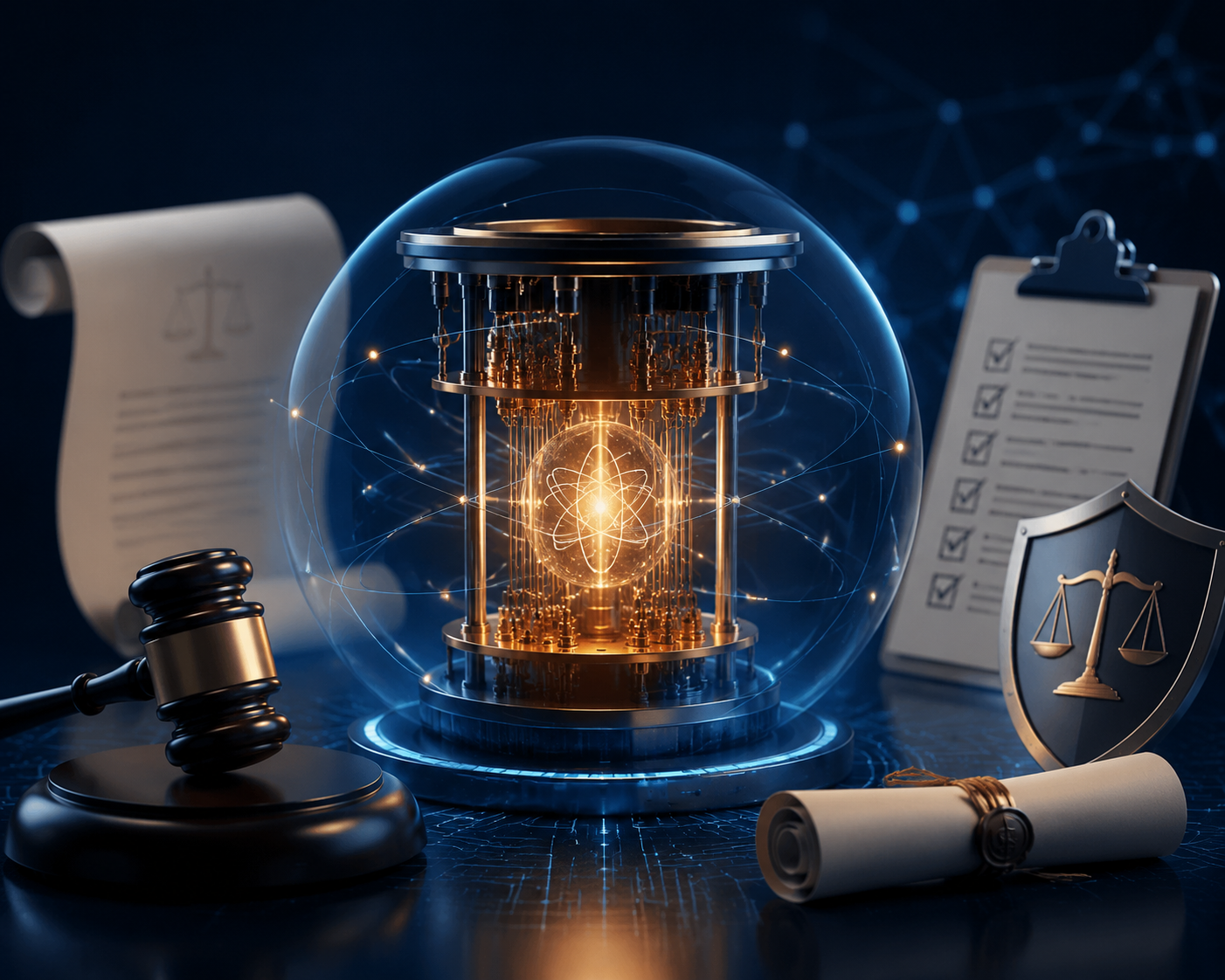 Glowing quantum processor surrounded by legal documents, a gavel, and a compliance checklist