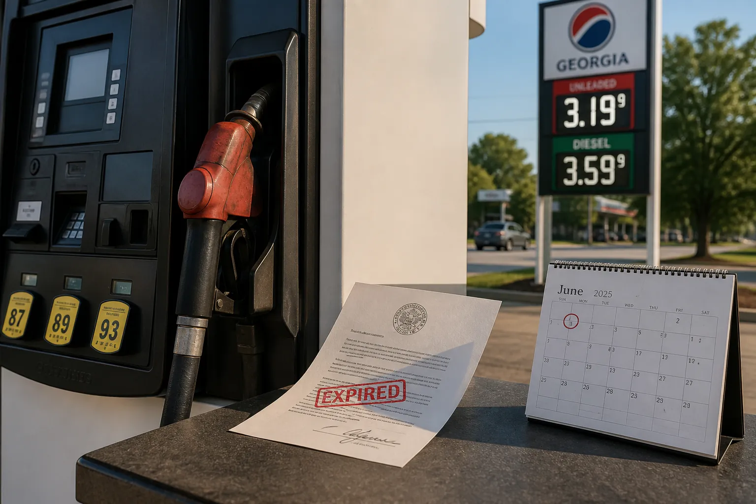 Fuel pump at a Georgia gas station beside an expired document and early June calendar