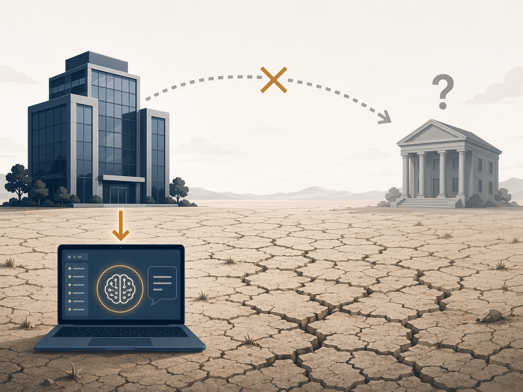 A conceptual illustration: a corporate client building on the left with an arrow going directly to an AI interface icon on a laptop, while a faded dotted arrow to a traditional law firm building on the right is crossed out. A dry cracked-earth landscape between them suggests the dried-up flow of work to outside counsel.