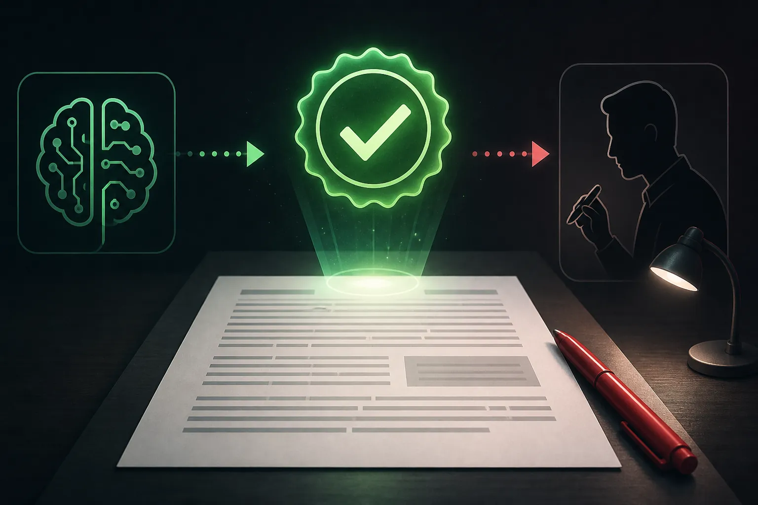 Verified document with a green checkmark seal and red annotation pen