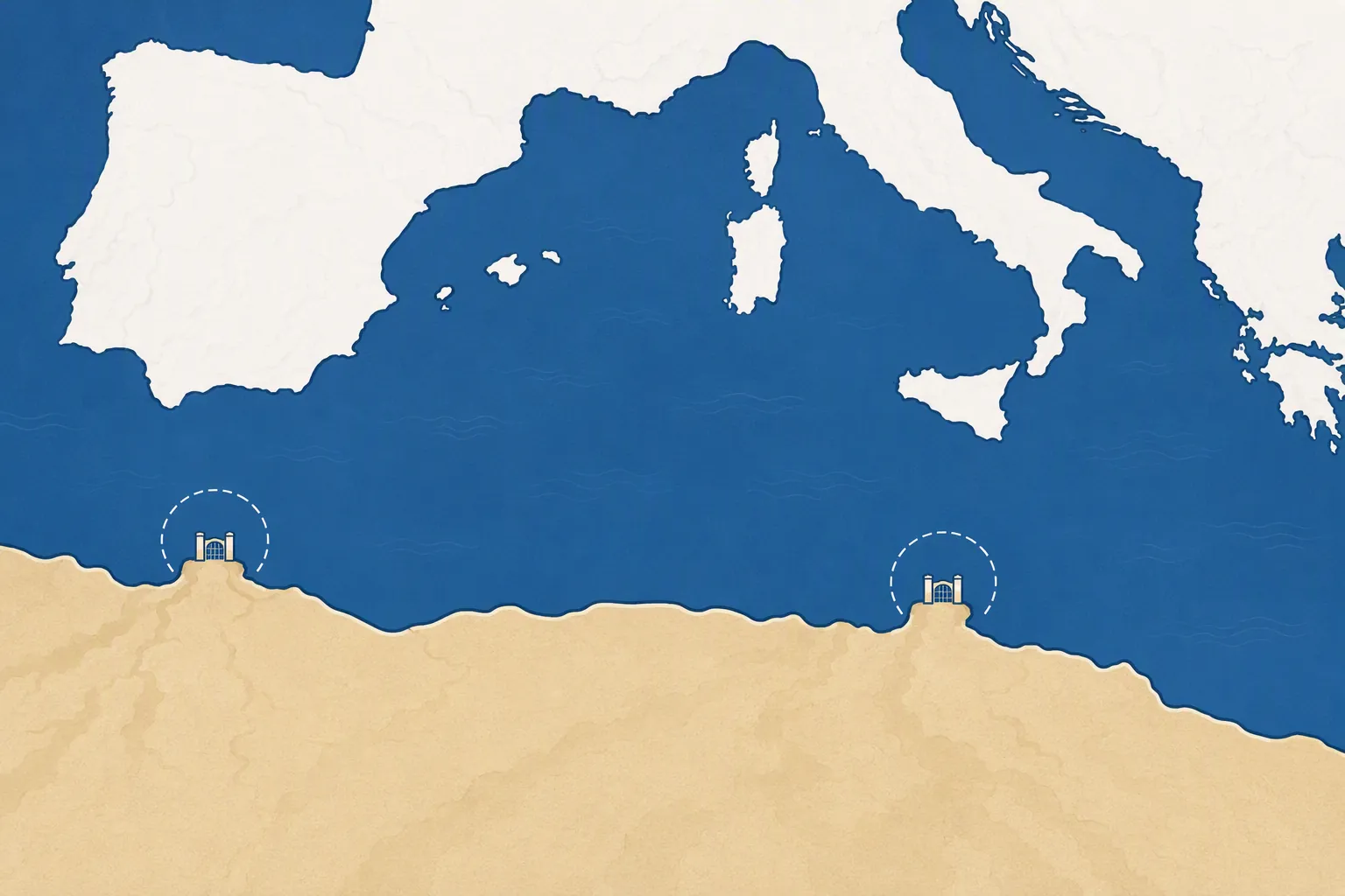 Stylized western Mediterranean map showing two North African enclave markers separated from the European mainland