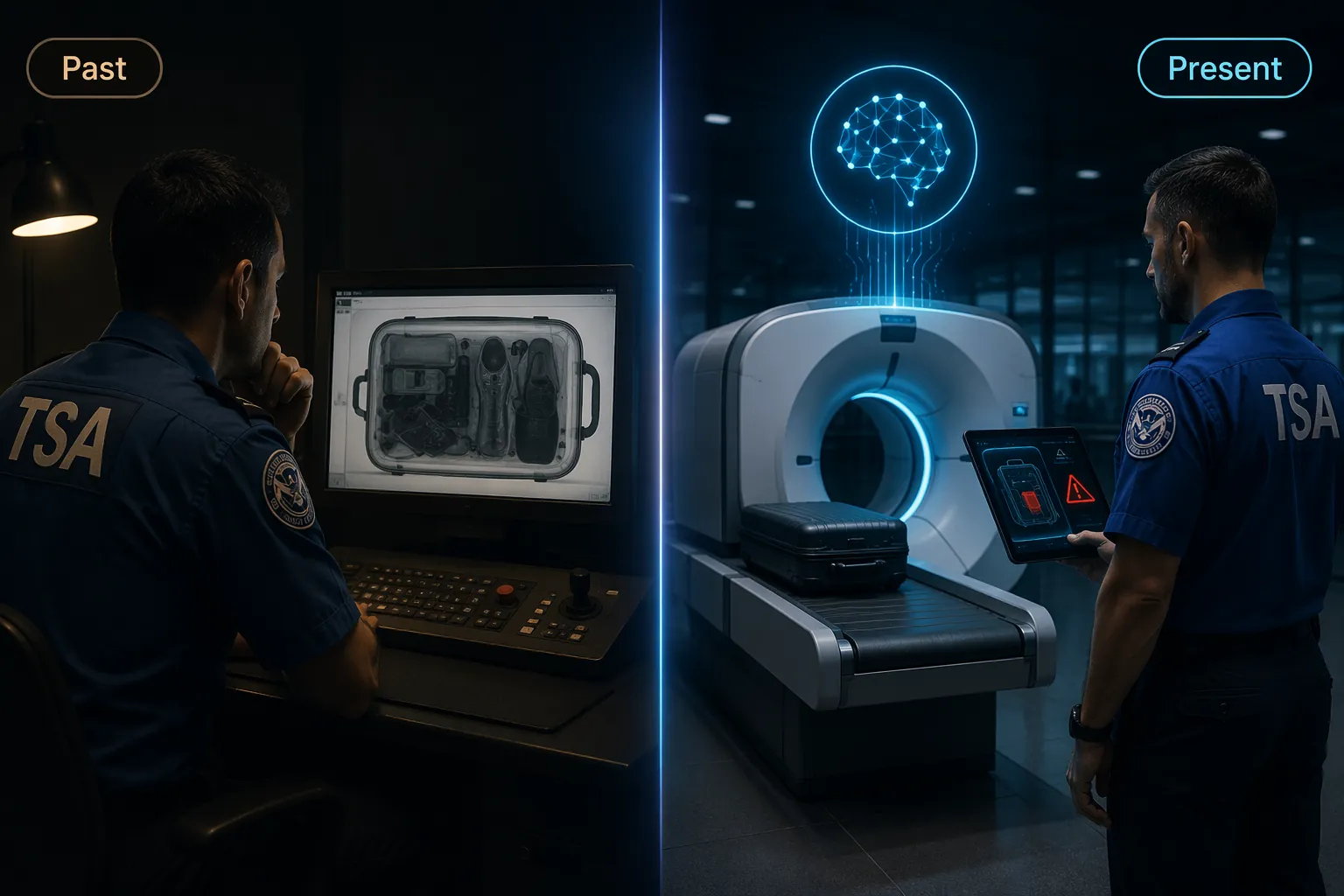 Comparison of past human-led X-ray review and present CT scanner AI flagging at airport security