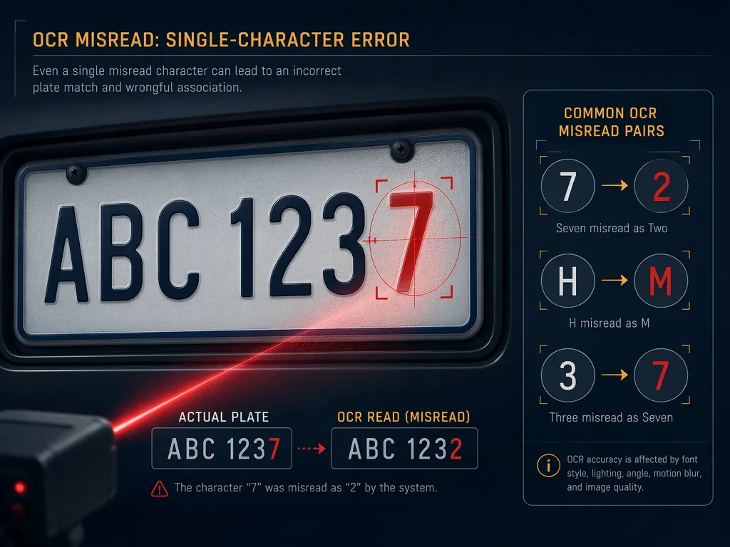 Close-up license plate with a highlighted misread character and callouts showing 7 to 2, H to M, and 3 to 7 misread pairs