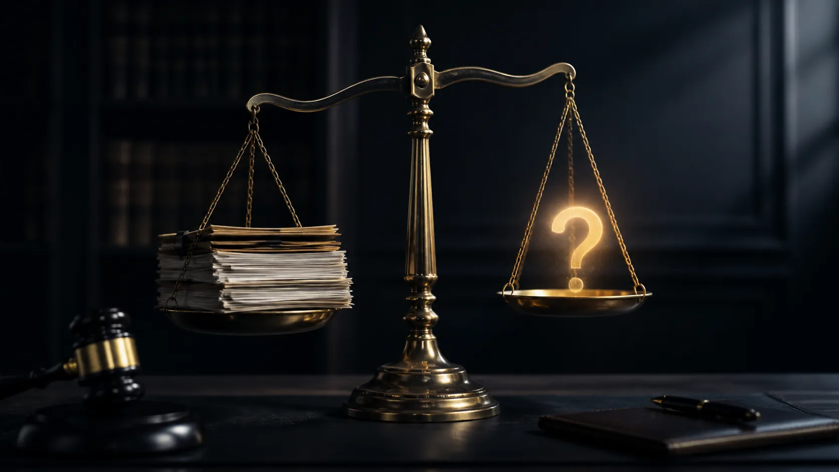 Scale of justice with documents on one side and a glowing question mark over the other, illustrating an evidentiary gap