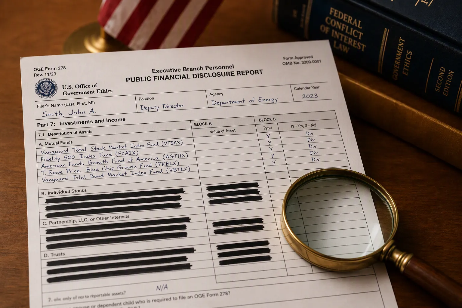 Federal financial disclosure form with redactions and a magnifying glass on a desk
