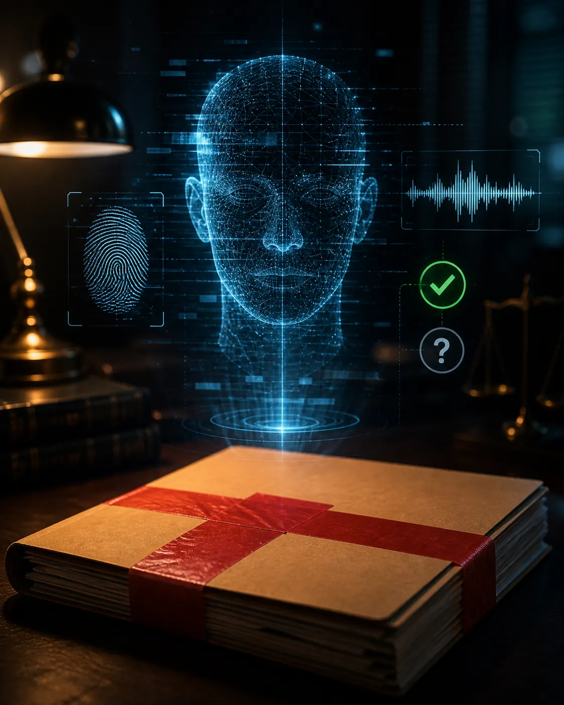 Sealed case file with a holographic face, fingerprint scan, audio waveform, and status markers