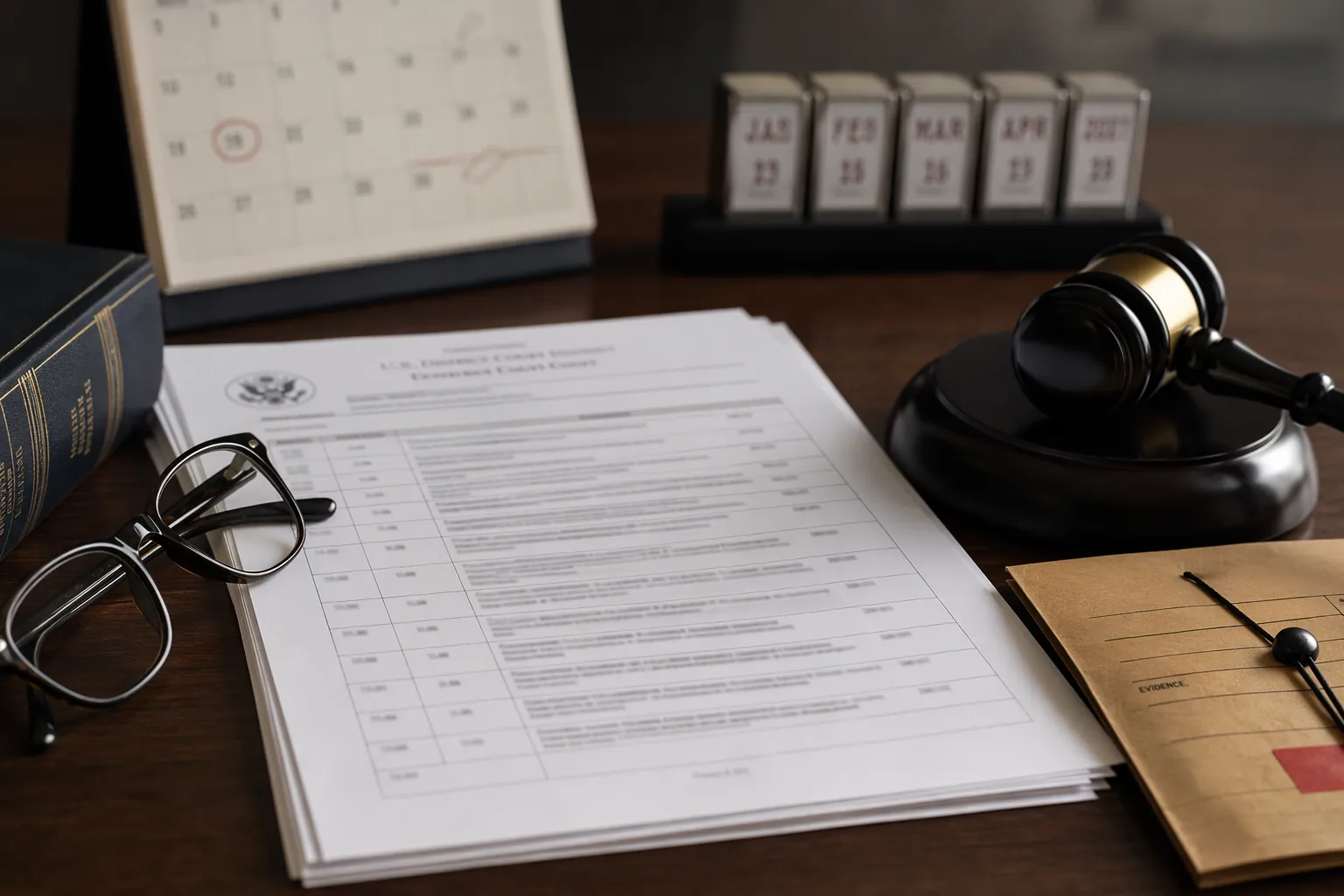 Federal court document, gavel, reading glasses, evidence folder, and calendar on a dark wood desk