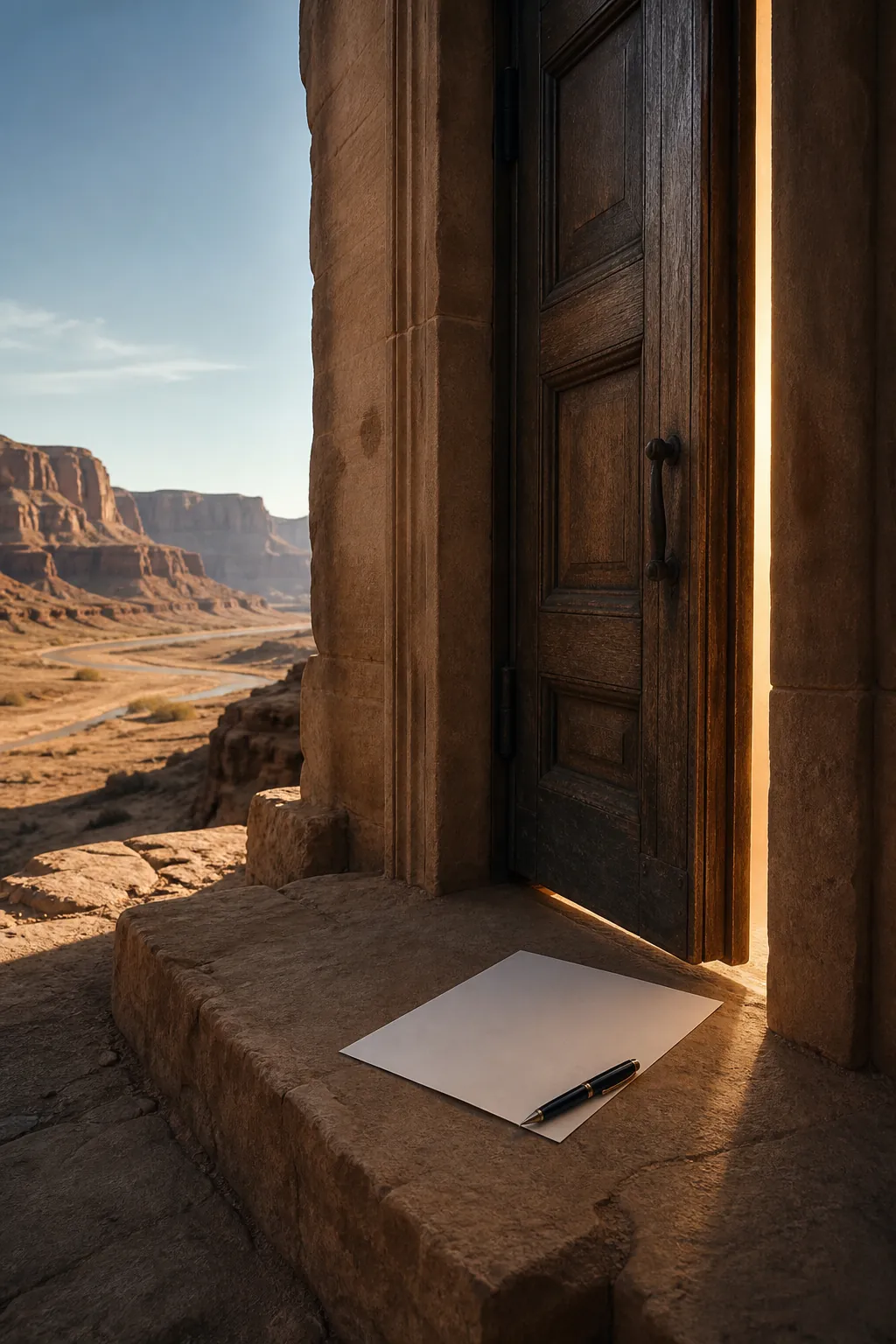A courthouse door in a sandstone canyon with an official document and fountain pen on the threshold, suggesting a pending Record of Decision