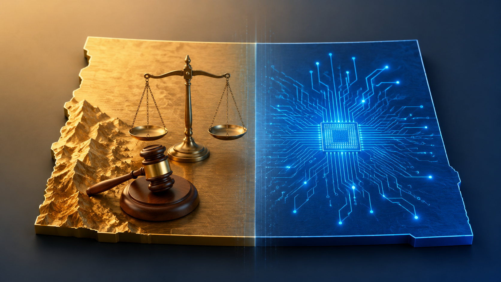 Colorado, legal symbols, and digital circuit pattern illustrating state AI regulation and legal services