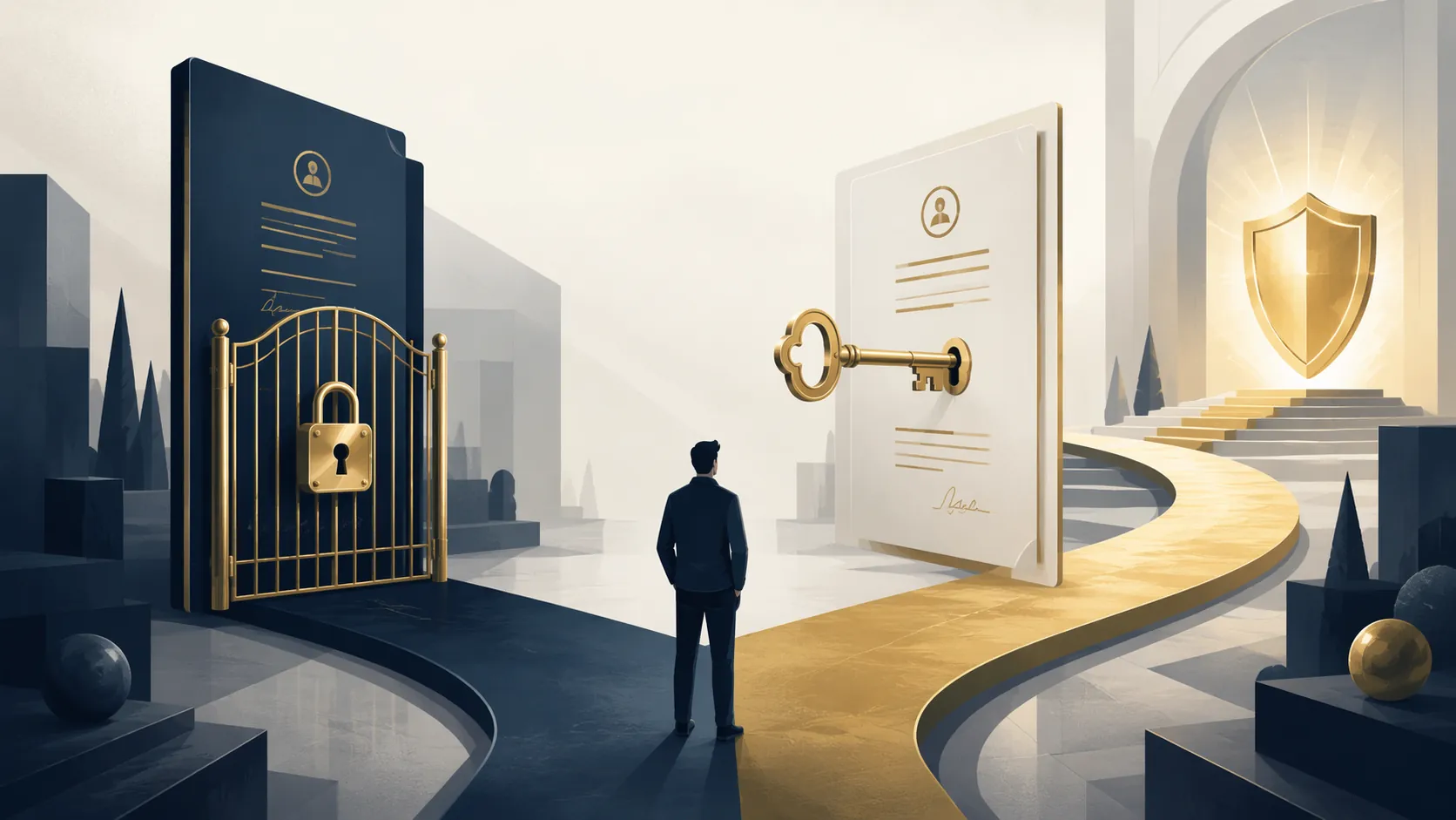Illustration of a standard Solo 401(k) document as a locked gate and a custom plan document unlocking after-tax Roth space