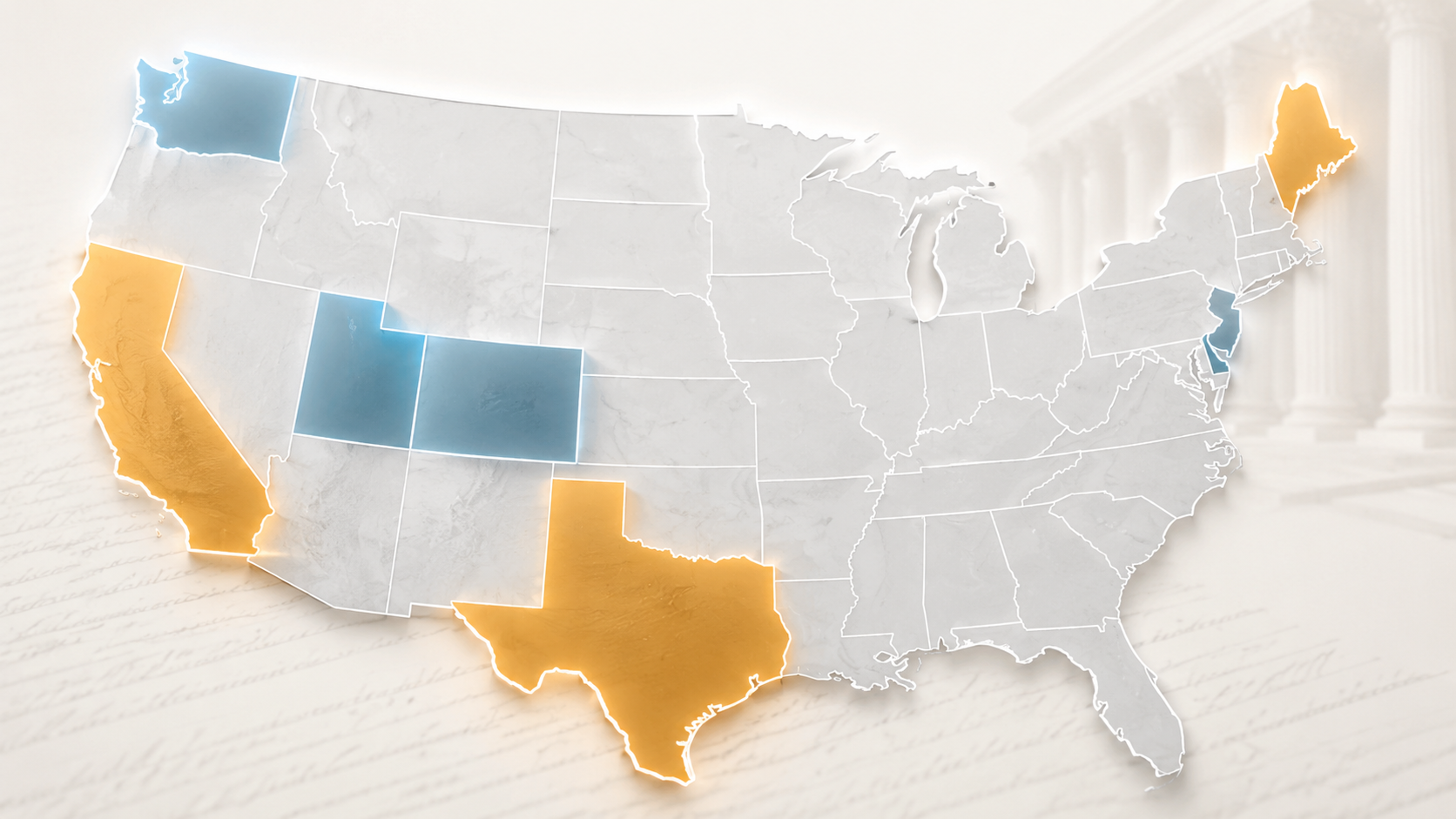 Stylized U.S. map with highlighted states suggesting a patchwork of state AI regulations