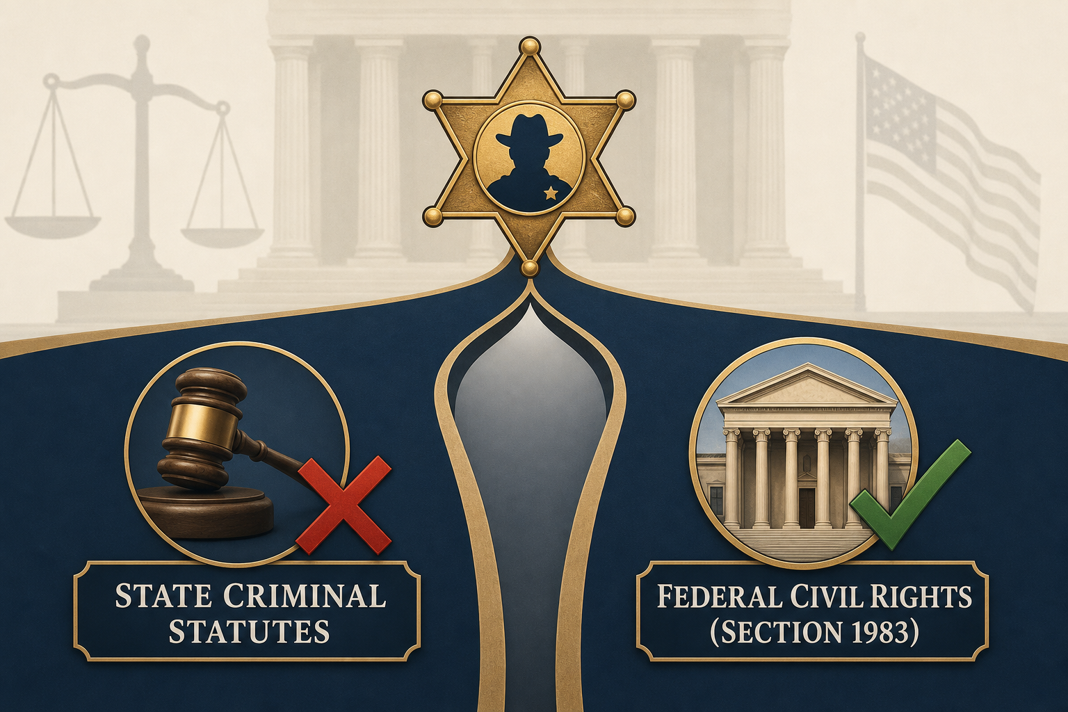 Legal pathway comparison from sheriff badge to state criminal statutes and federal civil rights under Section 1983